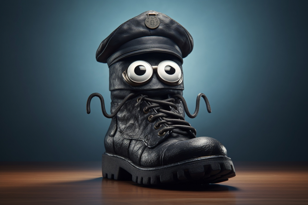 Large cartoon black combat boot with a police cap and eyes standing on a tile floor.