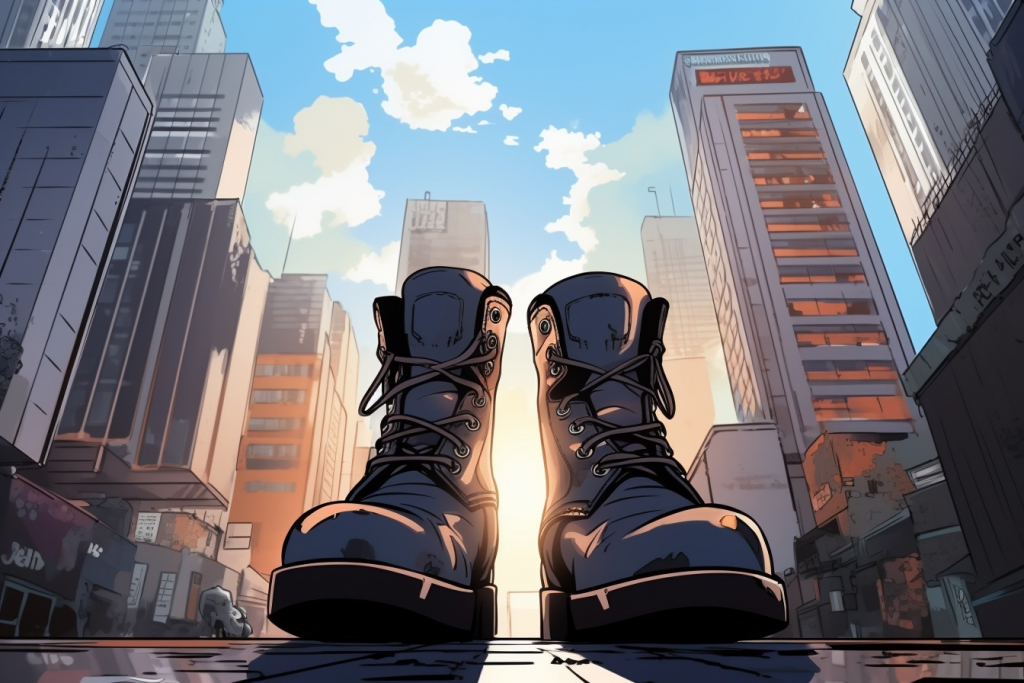Illustrated black combat boots standing together on the street, viewed from below.