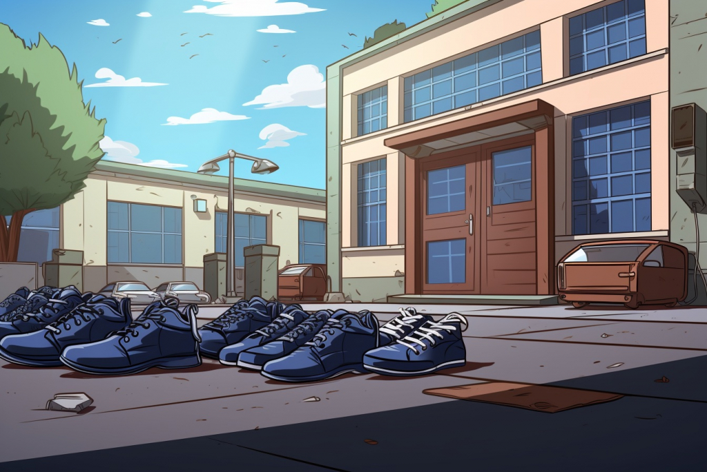 Several arranged illustrated blue shoes together in front of a police station.