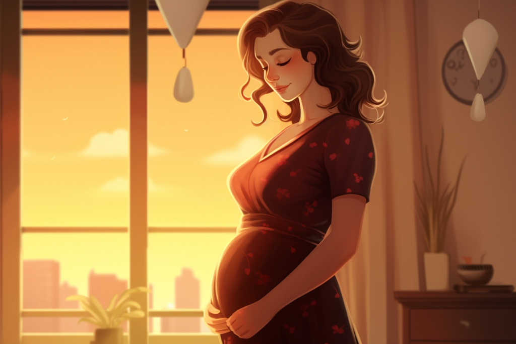Cartoon woman with a content expression by the window during sunset, holding her pregnant belly.