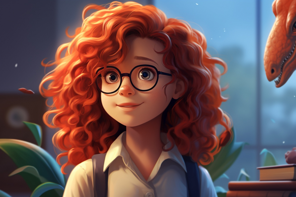 Red-haired girl with black glasses with a proud face expression in a room.