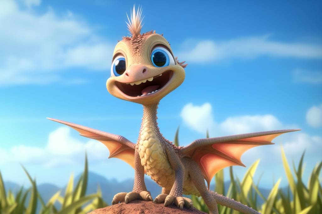 Cute dinosaur with wings and some funny hair on the top of his head with happy smile.