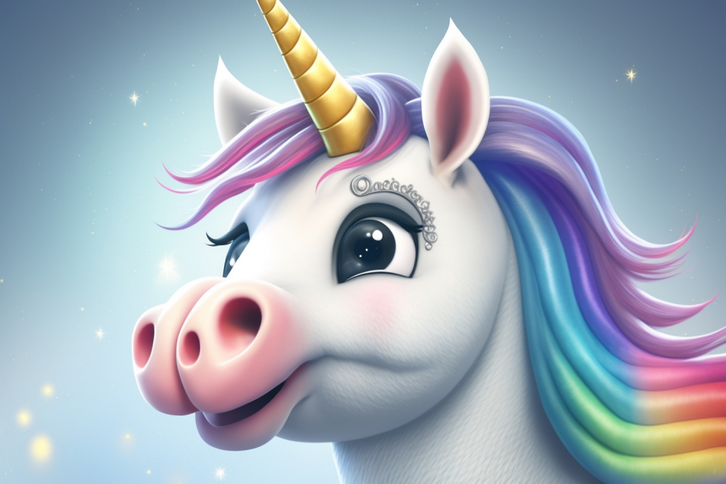 Unicorn head with a horn and rainbow mane.