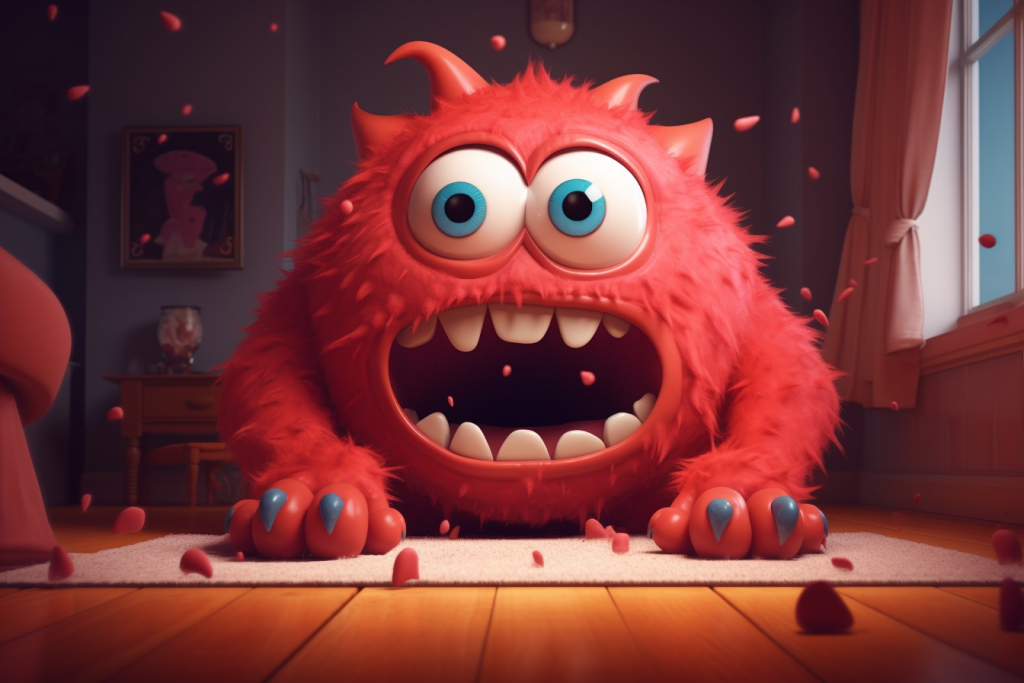 Illustrated red monster with a surprised expression on its face.