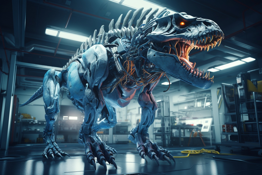 A large robotic dinosaur with a terrifying expression standing in a hangar with red eyes.