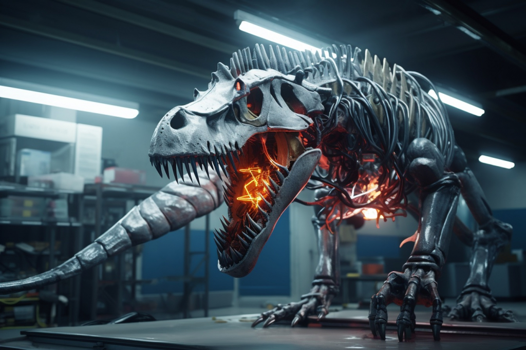 A large robotic dinosaur with a terrifying expression attacking in a hangar, its red eyes and fiery tongue.
