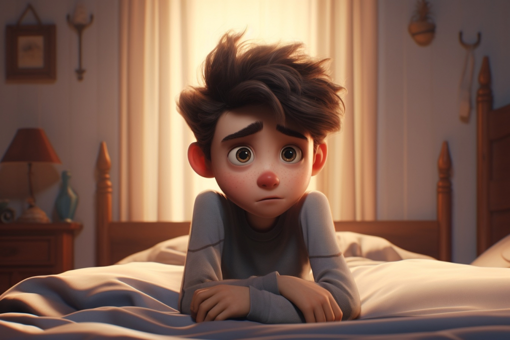 Illustrated boy with a frightened and sad expression sitting on a bed in a room.