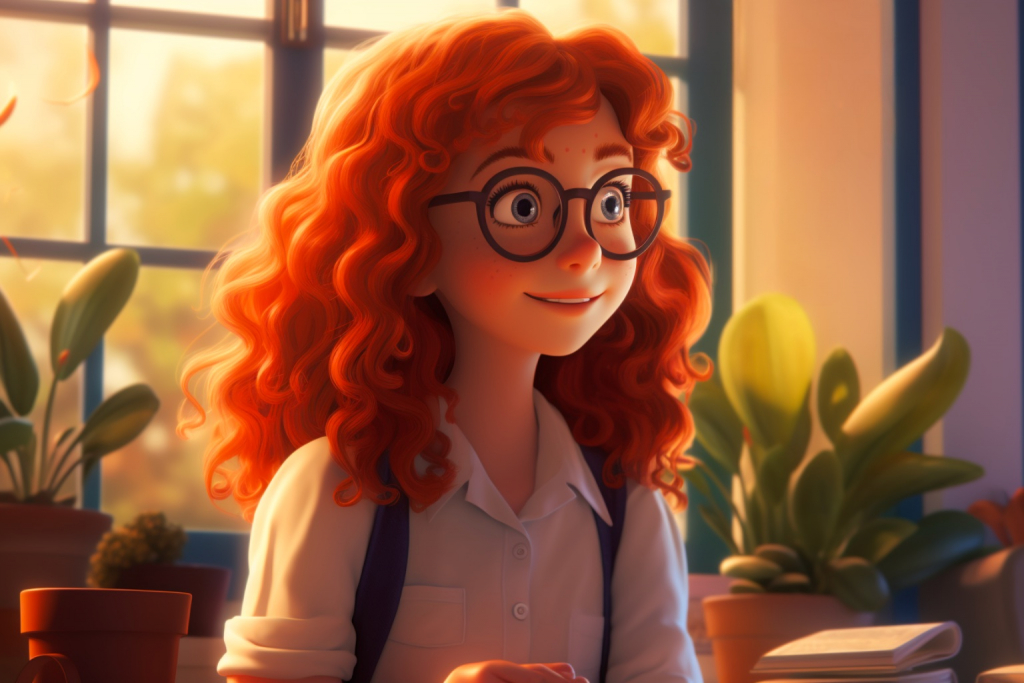 Red-haired smiling girl with glasses and a tie in front of a window.