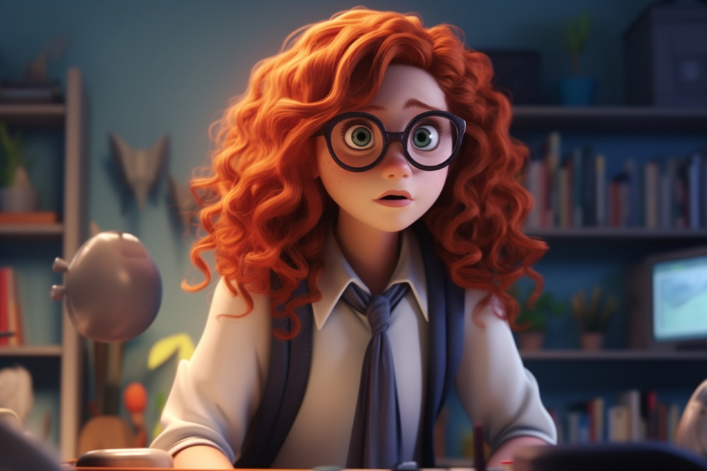 Red-haired girl with black glasses with a scared face expression in a room.