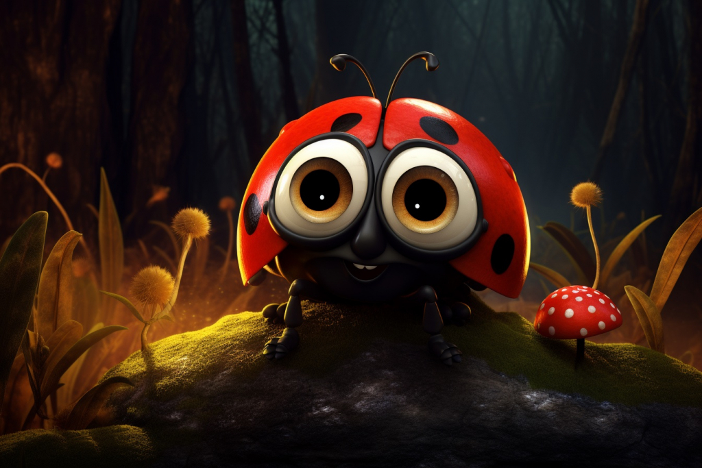 Cartoon scared ladybug in a dark forest.