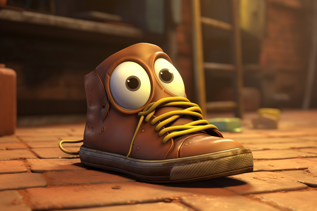 Cartoon brown shoe with yellow laces and big scared eyes standing on a tile floor in a store.