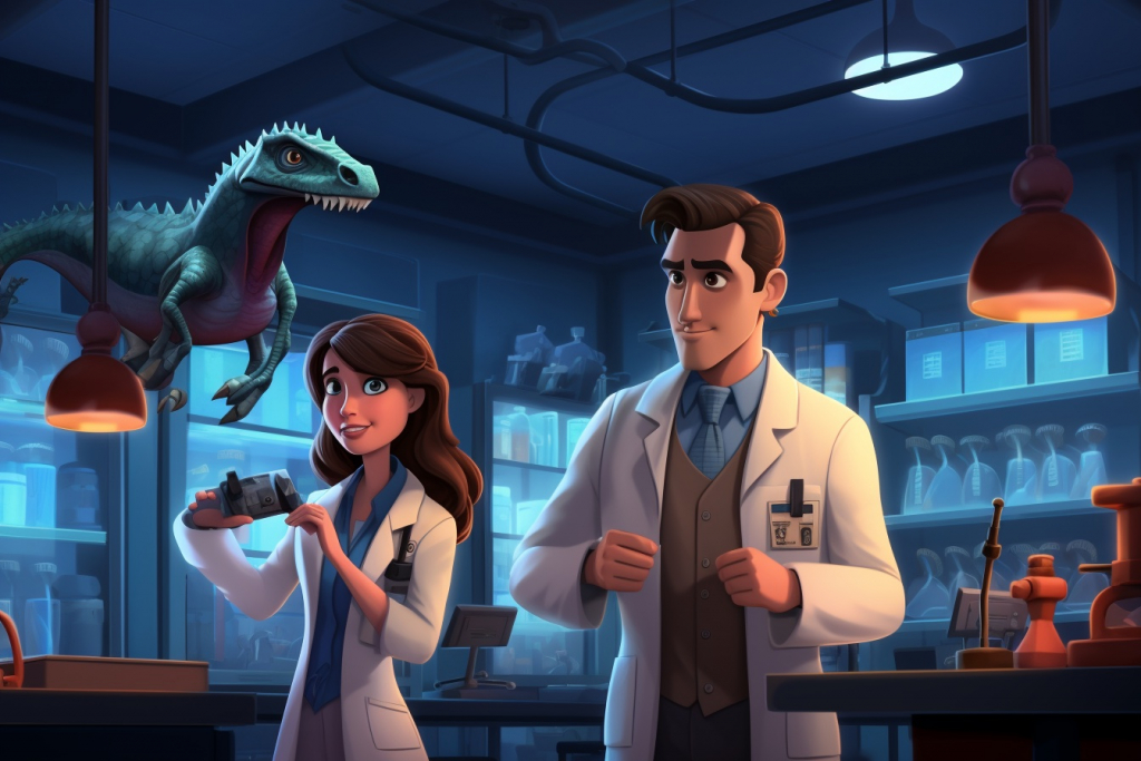 Two scientists, a man and a woman, dressed in white lab coats in a laboratory with a dinosaur model.