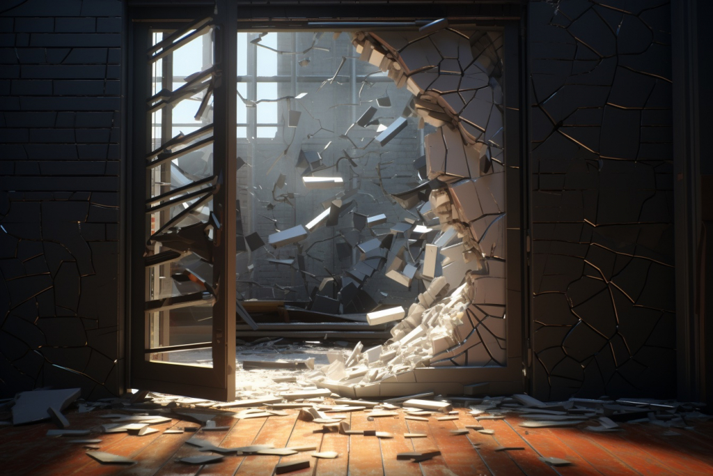 Explosion of doors and scattering of their pieces in all directions, with a view of the street outside.