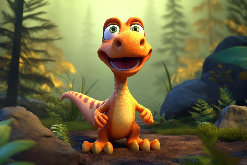 Happy cartoon orange dinosaur standing in the forest with such a wide smile.
