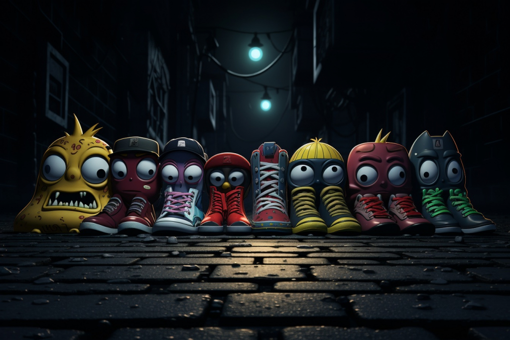 Illustrated colorful shoes with big eyes standing together in a dark alley at night.