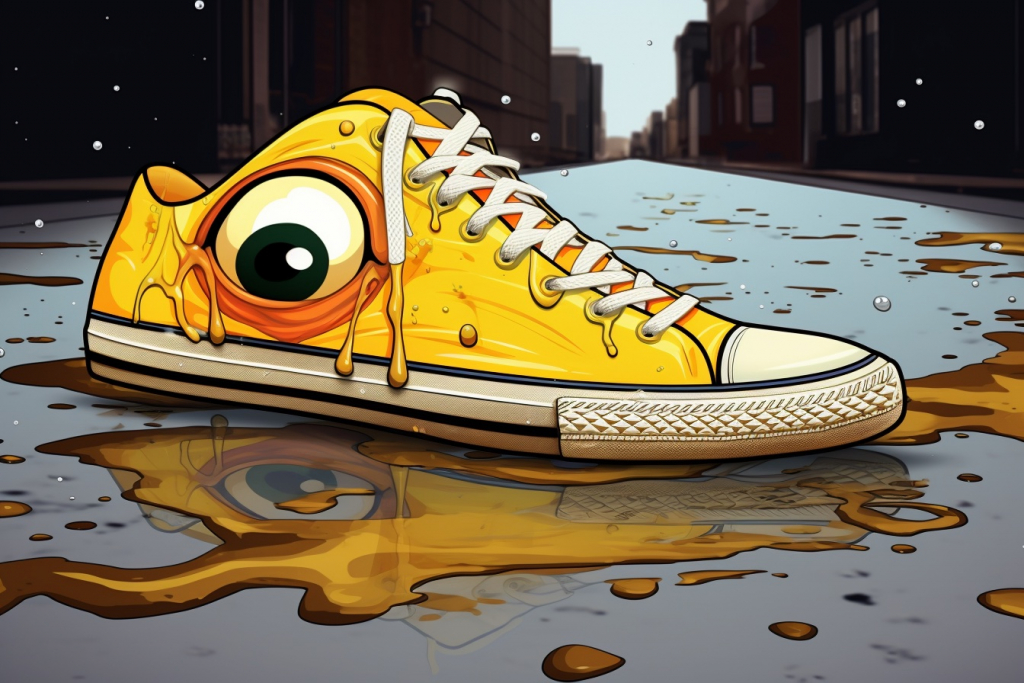 Cartoon yellow shoe with eyes placed on the road in sticky liquid.