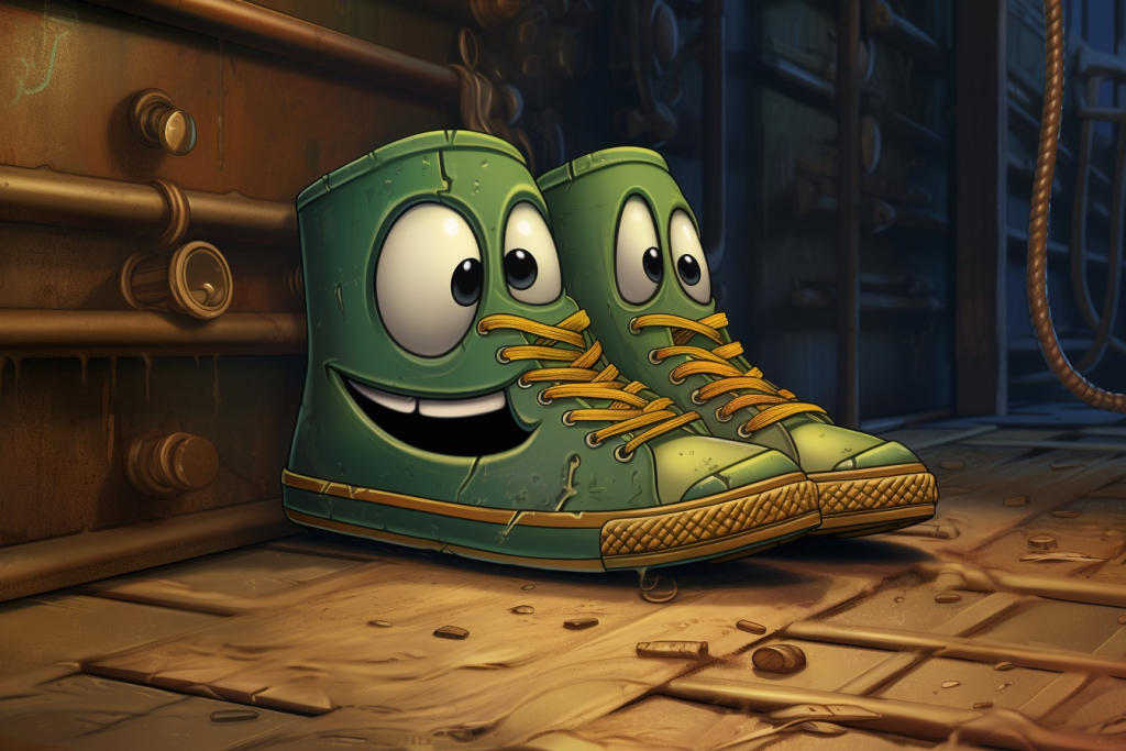 Two illustrated green shoes with smiles and eyes standing together in an abandoned store.