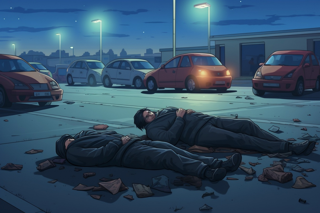 Two figures sleeping on parking lot asphalt in front of cars during the night.