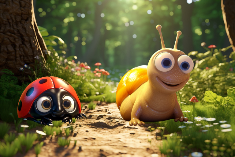 Cute cartoon snail and cartoon ladybug among beautiful flowers in a forest.