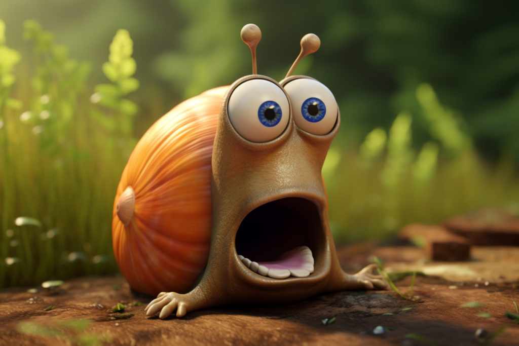 Cartoon snail with scared face expression.