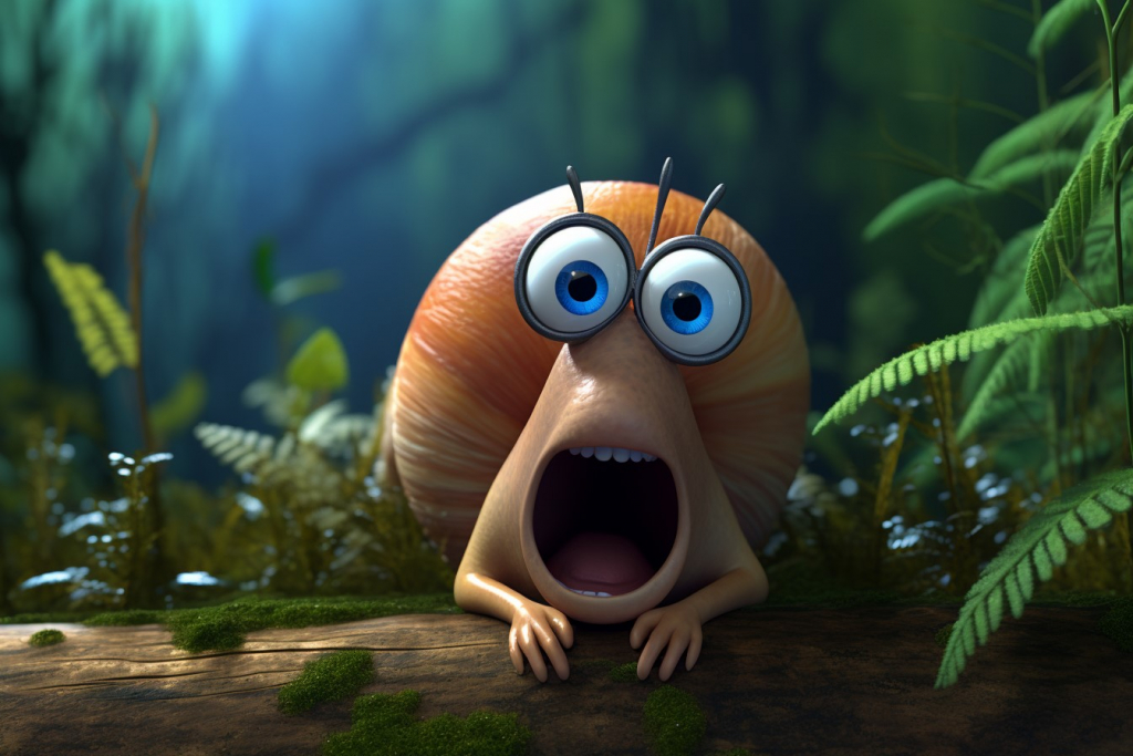 Cartoon snail with scared face expression in a dark forest.