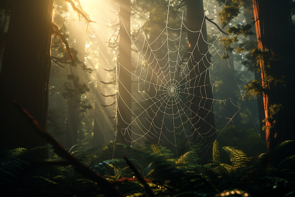 A huge spider web in a dark forest.