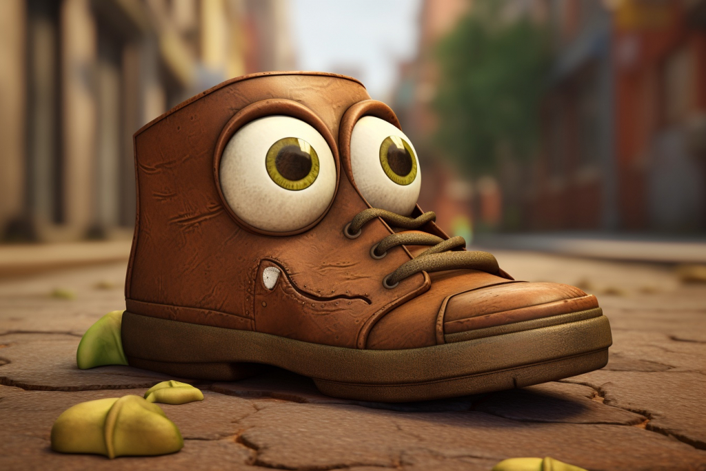 Brown cartoon shoe with eyes, eyebrows, and a single tooth standing on the street.