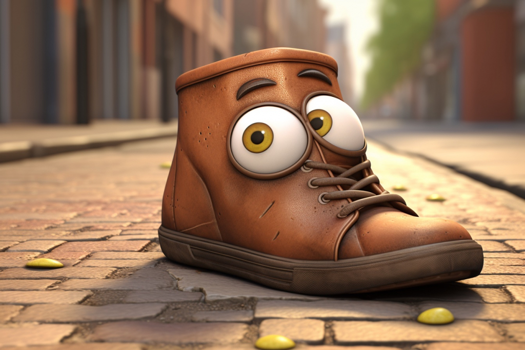 Brown cartoon shoe with eyes and eyebrows with surprised face standing on the street.