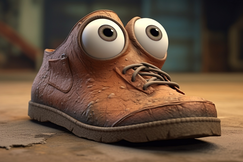 Brown hand-drawn leather cow shoe with large eyes on the street.