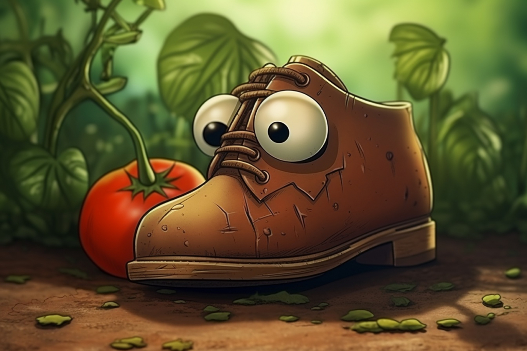 Brown cartoon shoe with eyes in a garden next to a tomato