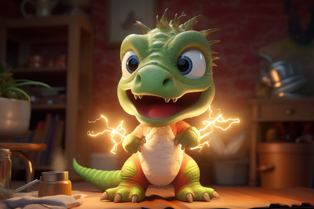 Small green dinosaur with a large tail and electric sparks around its hands.
