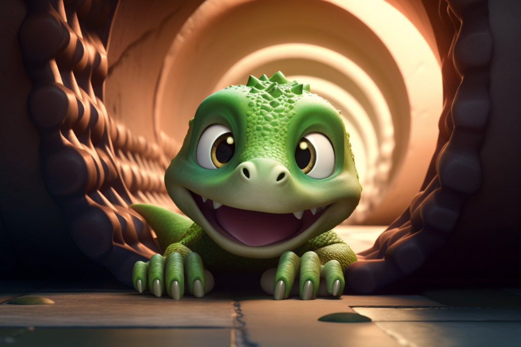 A small, adorable green dinosaur with a smirk, crawling in the ventilation.