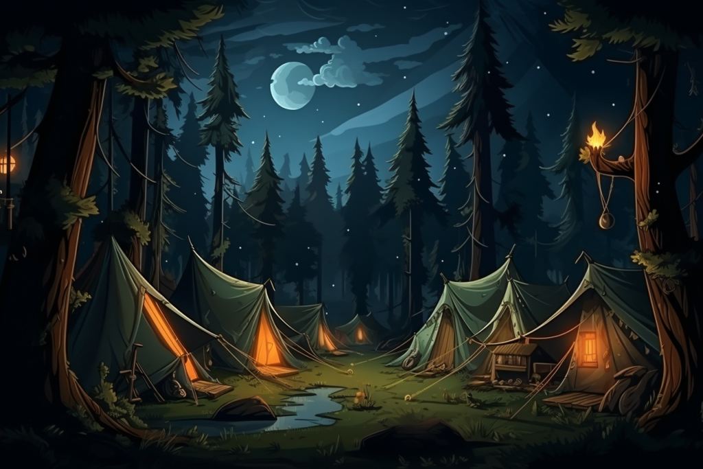 Small green tents with lights inside, set in a deep forest under a full moon at night.