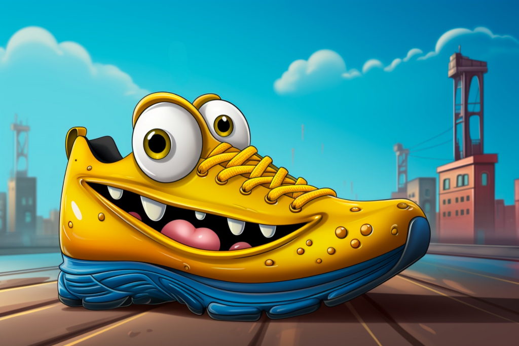 Yellow cartoon shoe with teeth and a smiling face with big eyes on the sidewalk.