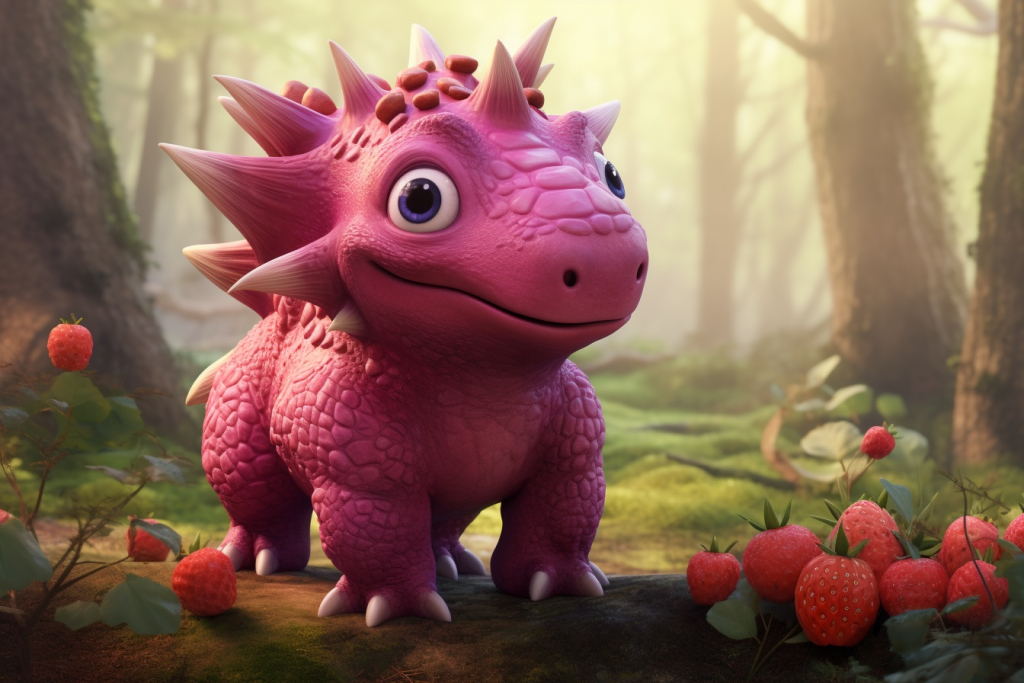 Cute purple dinosaur with many body spikes standing in a berry-filled forest.