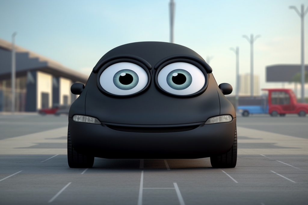 Black cartoon car with eyes and mouth parked in a parking lot.