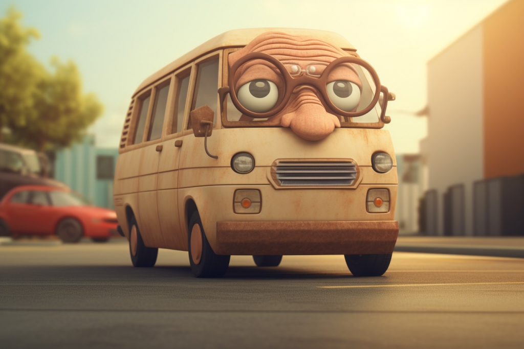 Brown cartoon van with a prominent nose and wearing glasses.