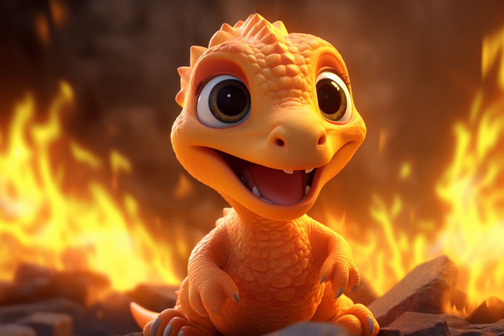 Tiny adorable orange dinosaur with large flames of fire behind it.