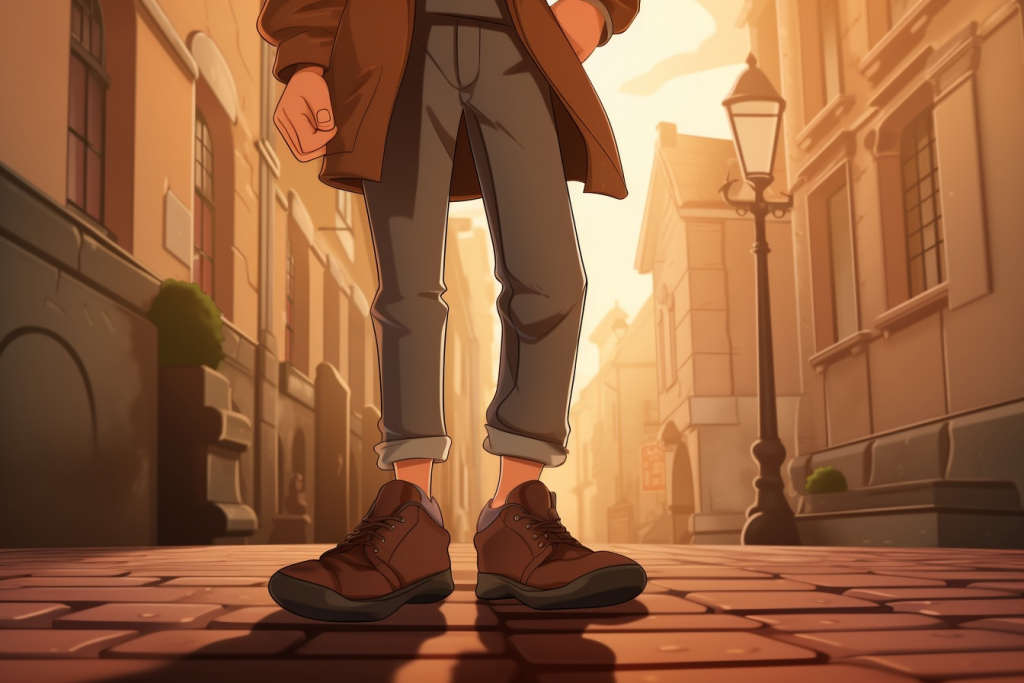 Boy standing on the street wearing brown shoes, gray trousers, and a brown coat - photo cropped to waist.