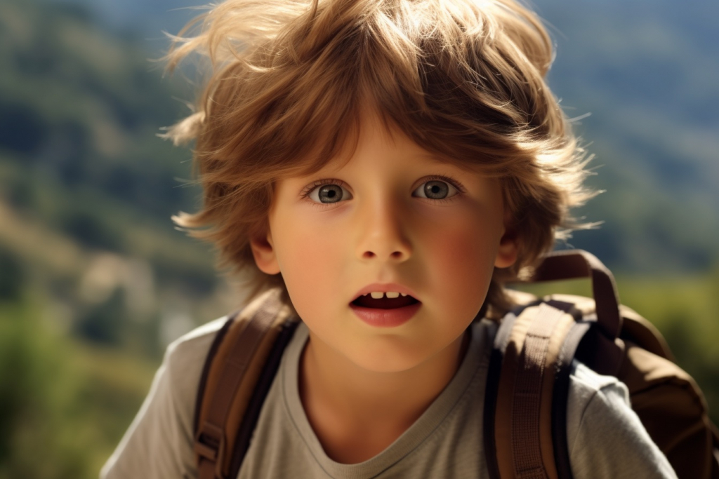 Young hiker with light hair and blue eyes carrying a backpack in the forest.