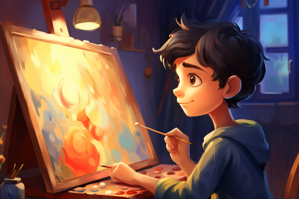 Illustrated young boy with dark hair smiling and painting on a canvas in a room.