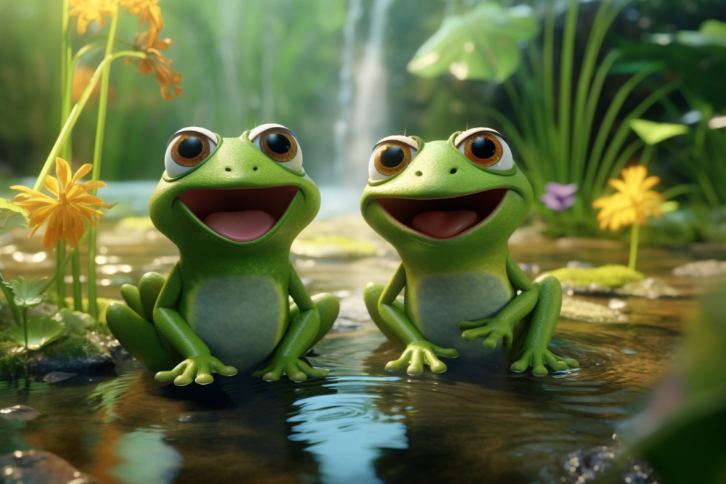Two green cartoon frogs in a pond.
