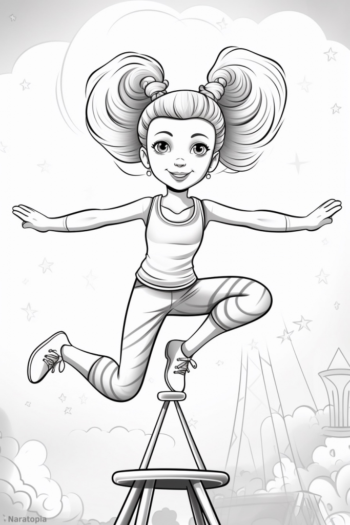 Coloring page of a girl doing gymnastics.
