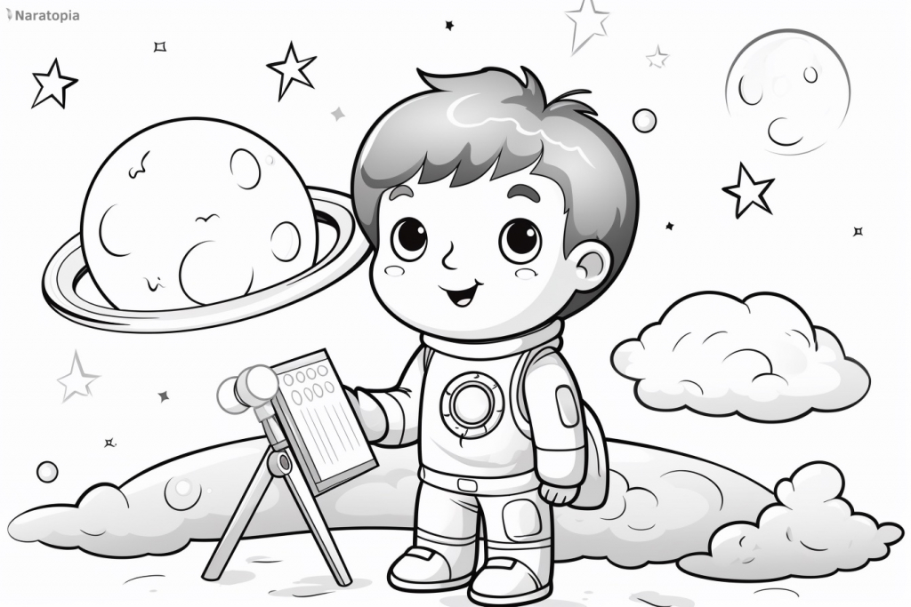 Coloring page of a cute astronaut boy.
