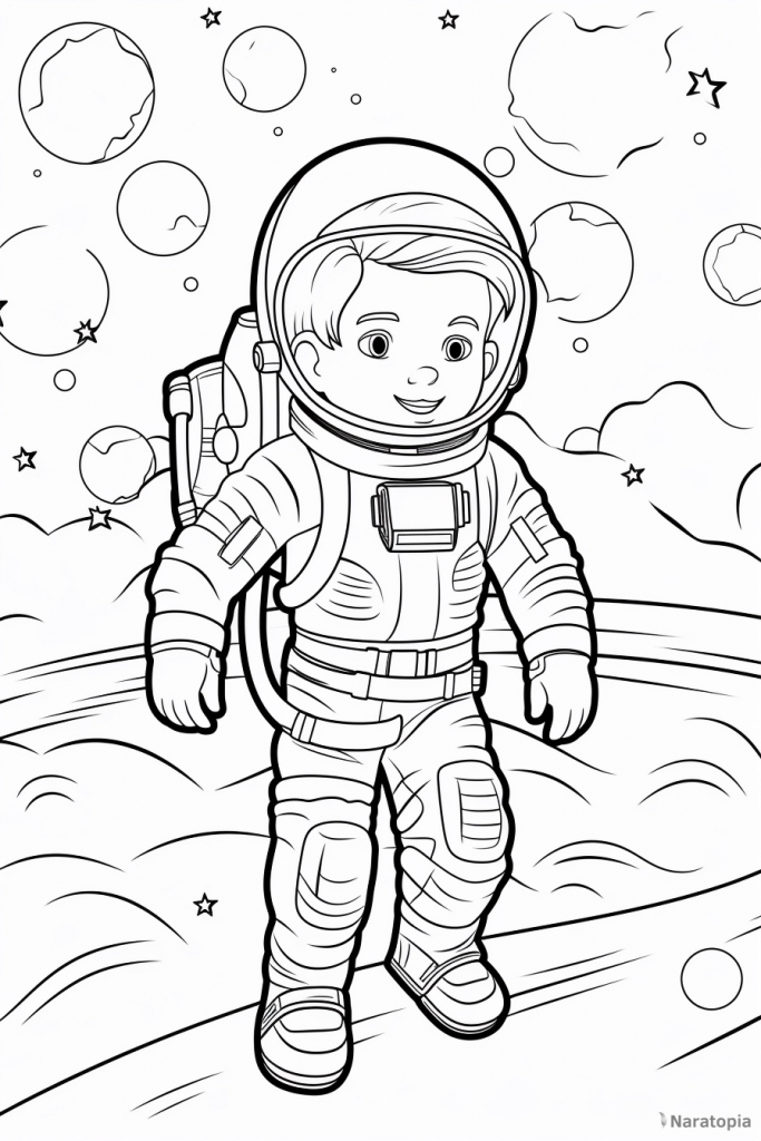 Coloring page of an astronaut boy in space.