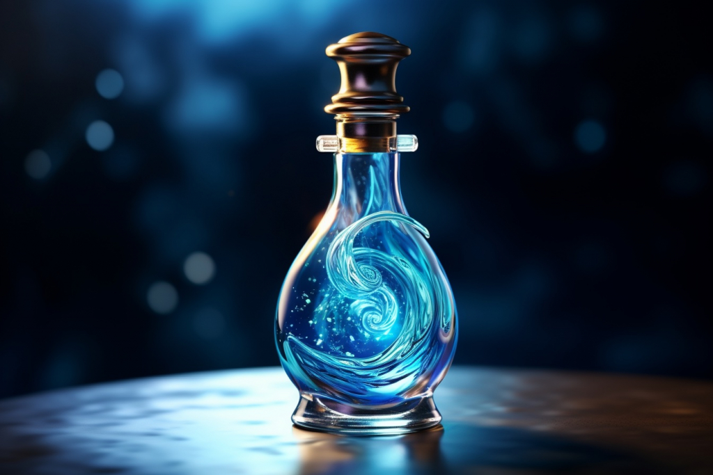 Swirling azure potion in a glass jar.