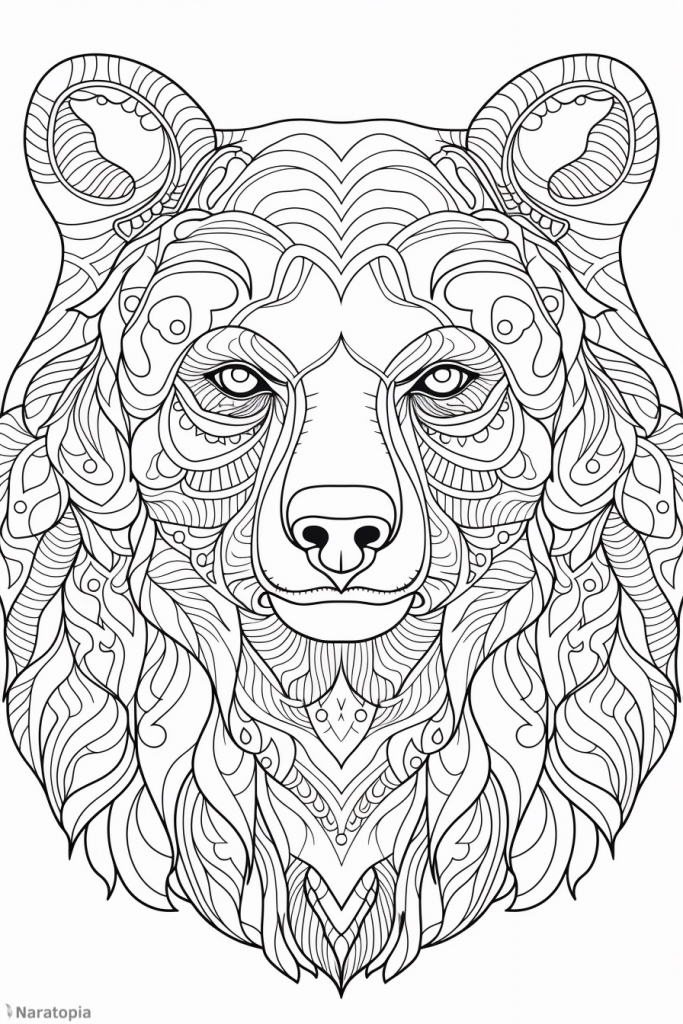 Coloring page of a bear with ornaments.