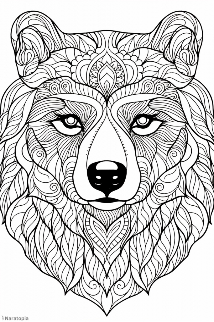 Coloring page of a bear with ornaments.