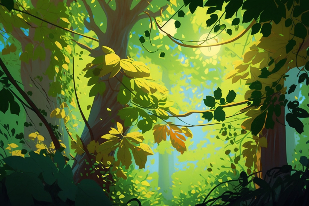 Beautiful sunny day in a bright green forest.