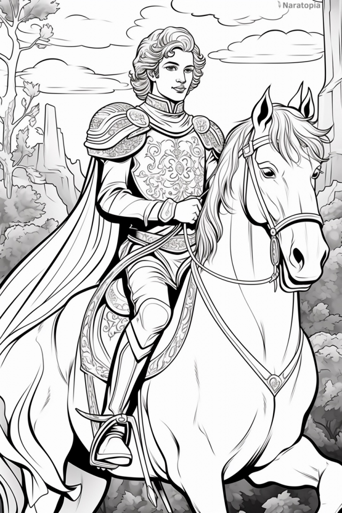 Coloring page of a prince on a horse.